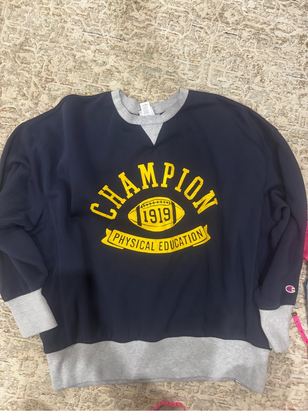 Champion Navy Athletic Crewneck Sweatshirt with Yellow Logo and Gray Trim Sz XL